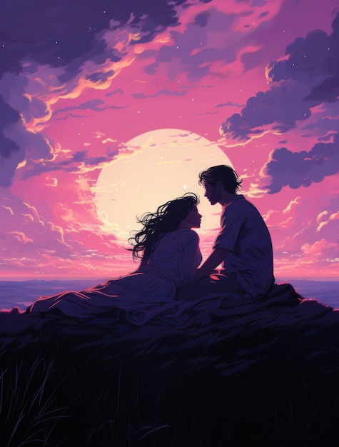 Pintura de arte de um casal romântico contra o pano de fundo de um sol da tarde em tons de violeta