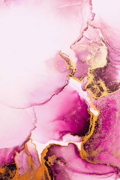Pintura de arte em tinta líquida em papel com fundo abstrato de ouro rosa de mármore