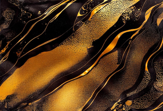 Pintura de arte fluida abstrata de luxo em mistura de técnica de tinta de álcool de tintas pretas e douradas