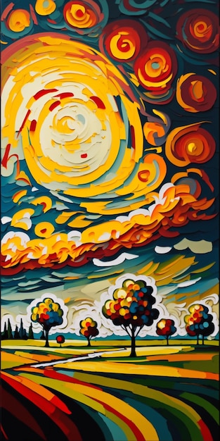 Pintura de árvores em um campo sob um céu nublado generativo ai