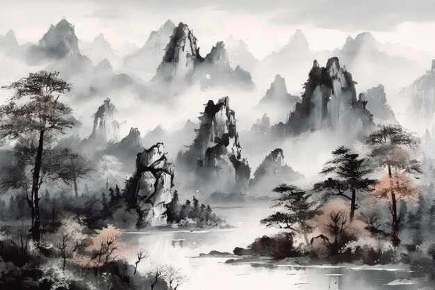 Pintura de árvores vermelhas e um rio no estilo da paisagem tradicional chinesa