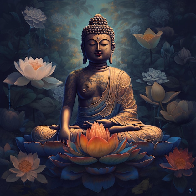 Pintura de Buda - Buda no jardim de lótus por mondo