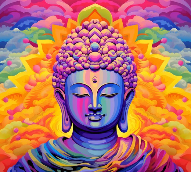 pintura de buddha com cores coloridas e um girassol generativo ai