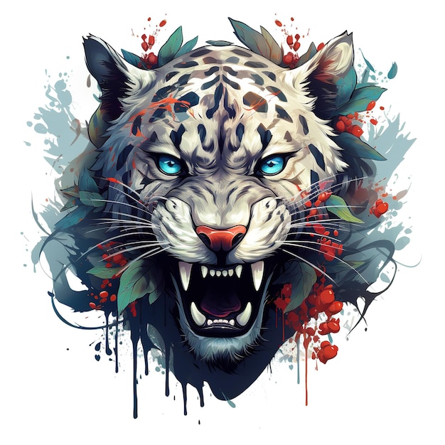 Pintura de cabeça de leopardo-da-neve em um fundo limpo Png para sublimação Impressão Arte imprimível Animais selvagens Ilustração IA generativa