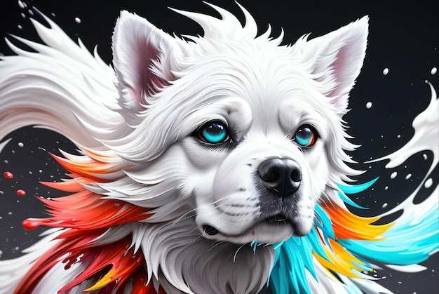 pintura de cachorro branco com efeito de respingo de tinta em muitas cores