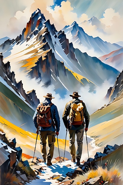 Pintura de caminhada na montanha de dois amigos