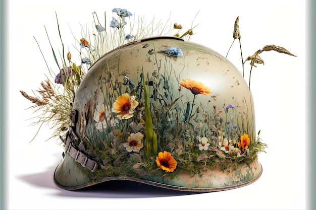 Pintura de capacete de guerra deteriorado com grama e flores, ilustração digital, fundo branco.