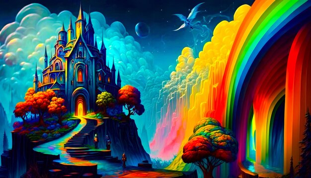 Pintura de castelo no céu Fantasia IA Gerativa
