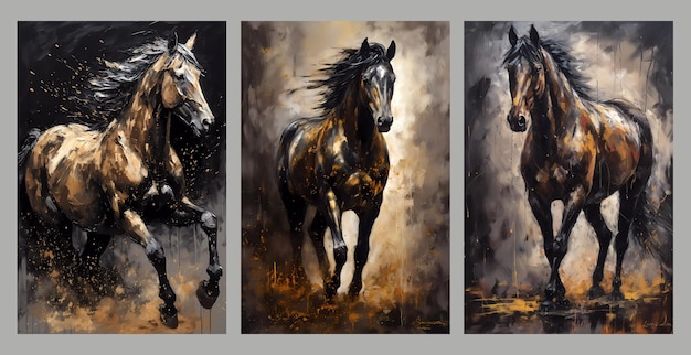 pintura de cavalo para decoração de parede em tela com tintas preto-branco e marrom