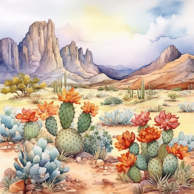 Pintura de cena do deserto com cactos e montanhas em fundo generativo ai
