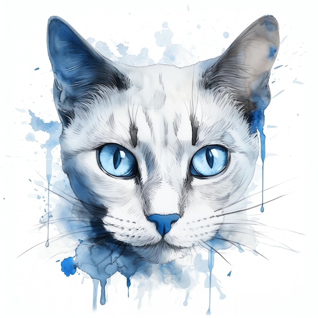 Pintura de clipart em aquarela de retrato de gato siamês