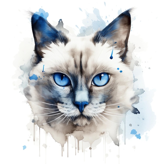 Pintura de clipart em aquarela de retrato de gato siamês