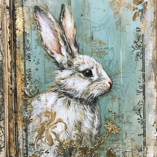 Pintura de coelho branco em fundo azul