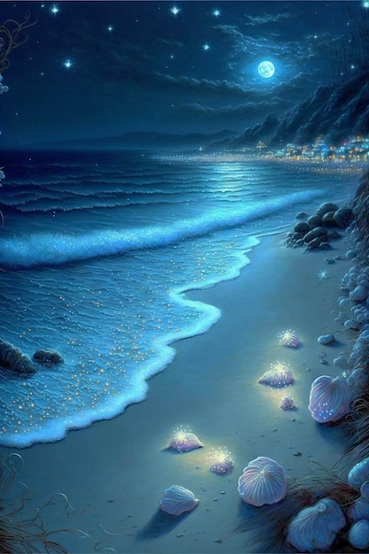 Pintura de conchas em uma praia à noite generativa ai