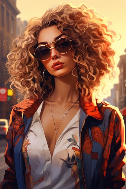 Pintura de cor impactante de óculos de sol de mulher bonita cores vibrantes altamente detalhadas