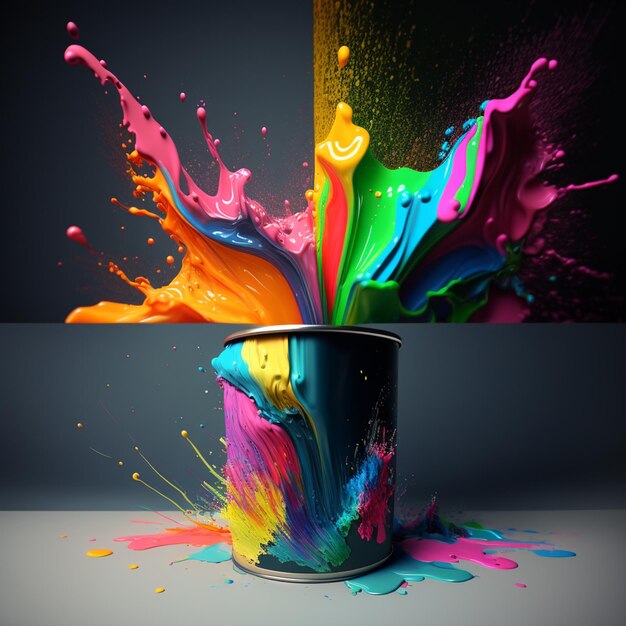 Foto pintura de cores brilhantes salpicando de uma lata de tinta em uma mesa generativa ai