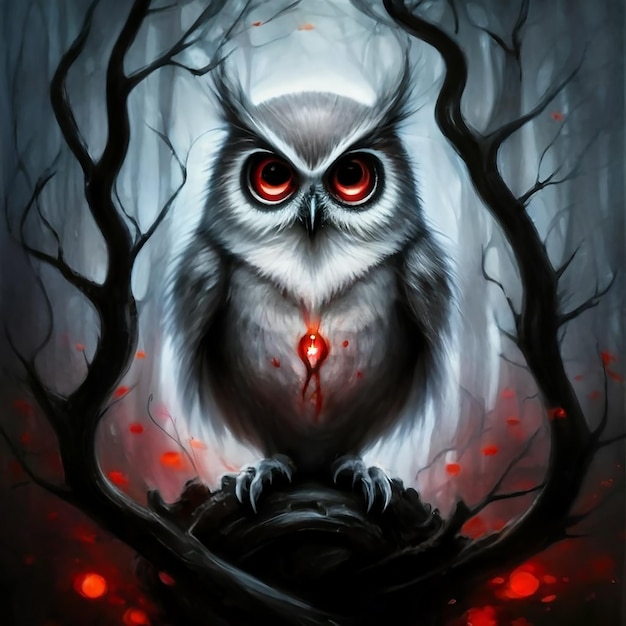 Foto pintura de coruja por stephen gammell no estilo brian mashburn bw brilho vermelho escuro no pecado escuro