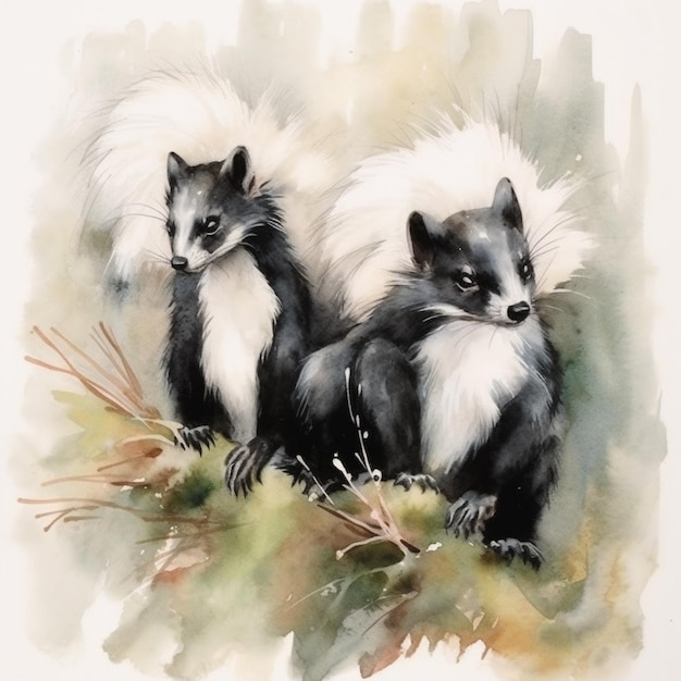 pintura de dois animais peludos pretos e brancos sentados em uma colina coberta de grama