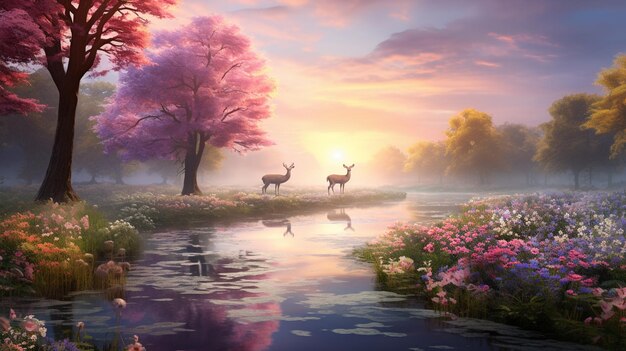 Foto pintura de dois cervos em um campo de flores perto de um rio generativo ai
