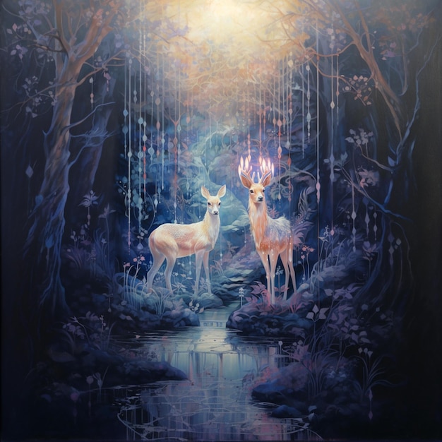 pintura de dois cervos em uma floresta com um riacho e árvores generativo ai
