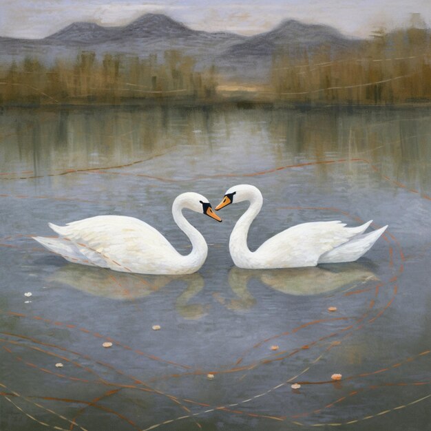 pintura de dois cisnes em uma lagoa com montanhas no fundo generativo ai