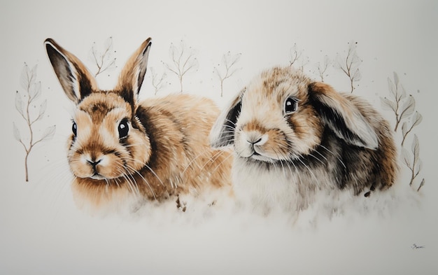 pintura de dois coelhos em um campo com árvores no fundo generativo ai