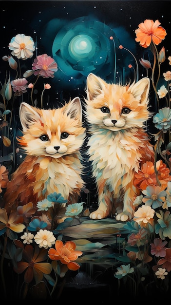 Pintura de dois gatos sentados em um banco em um jardim generativo ai