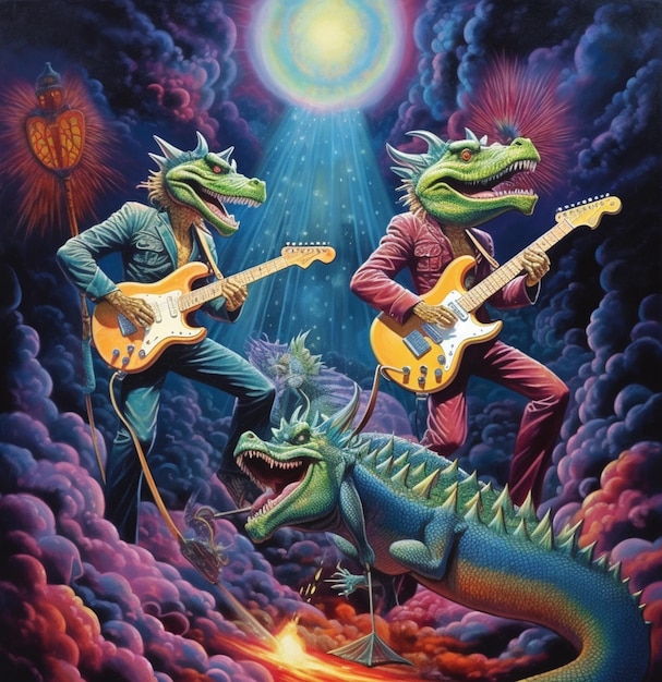 Pintura de dois homens tocando guitarra e um dragão com uma guitarra generativa ai