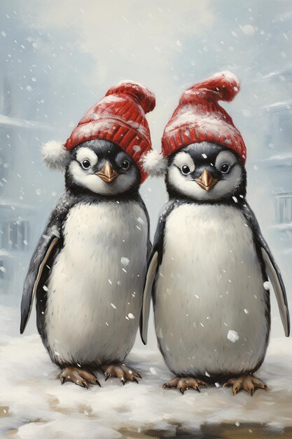 pintura de dois pinguins usando chapéus na neve generativa ai