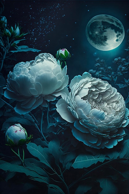Pintura de duas flores brancas com lua cheia ao fundo generative ai