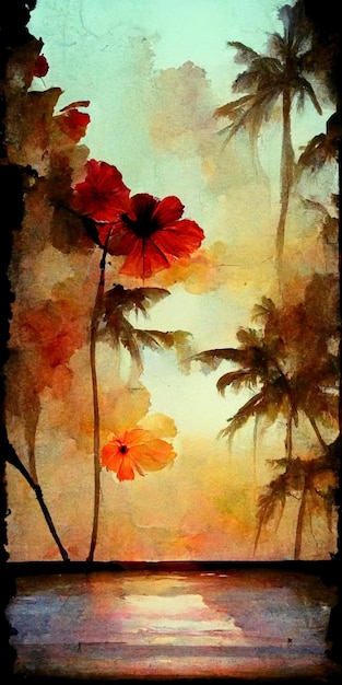 Pintura de duas flores vermelhas com palmeiras ao fundo