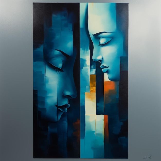 pintura de duas mulheres enfrentando-se com um fundo azul generativo ai