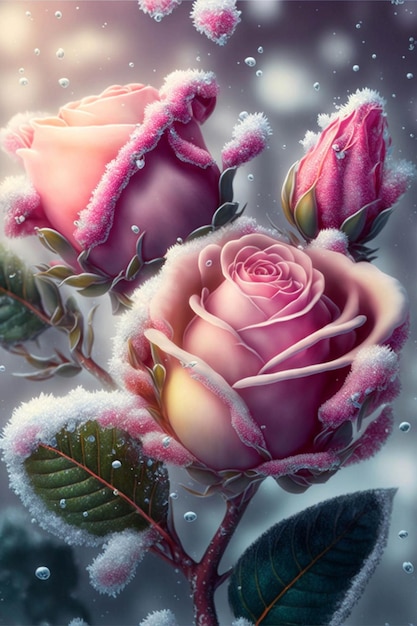 Pintura de duas rosas cor de rosa na neve generativa ai