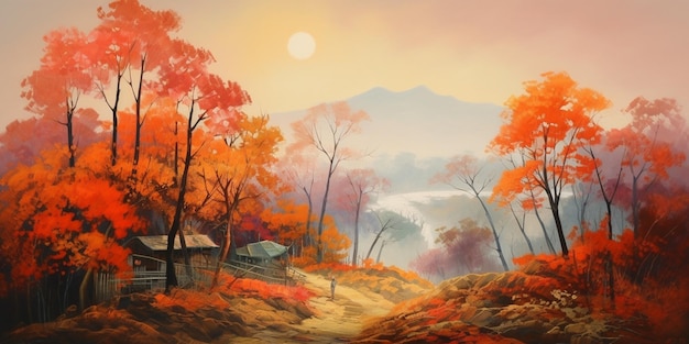 Pintura de espátula outonal de árvores vibrantes em um dia frio de outubro