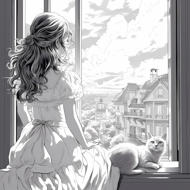 pintura de estilo menina anime olhando janela com seu gato livro para colorir adulto