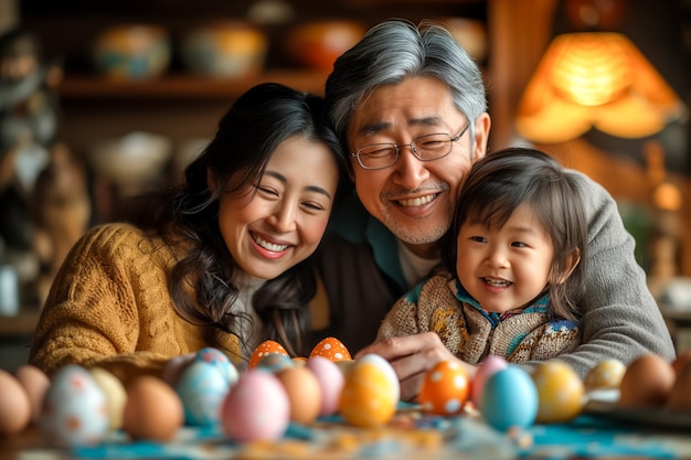 Pintura de família asiática bonita ovos de Páscoa em casa criança e pais se preparam para a Páscoa