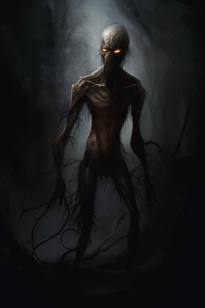 Pintura de fantasia digital de um demônio maligno de braços finos perseguindo na escuridão Generative AI