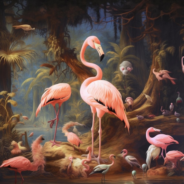 pintura de flamingos em um cenário tropical com uma lagoa e árvores generativa ai