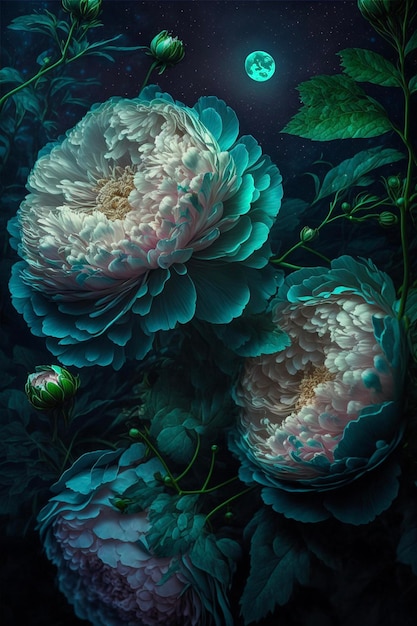 Pintura de flores com lua cheia ao fundo generative ai