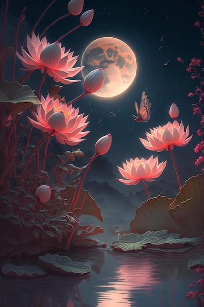 Pintura de flores com lua cheia ao fundo generative ai