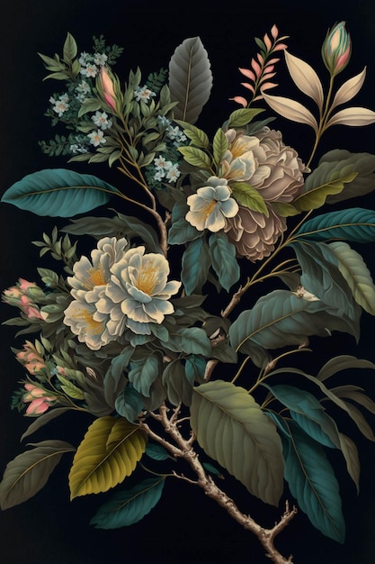 Pintura de flores e folhas em um fundo preto generativo ai