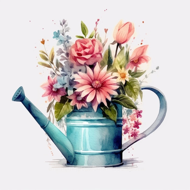 Pintura de flores em aquarela coloridas em regador vintage