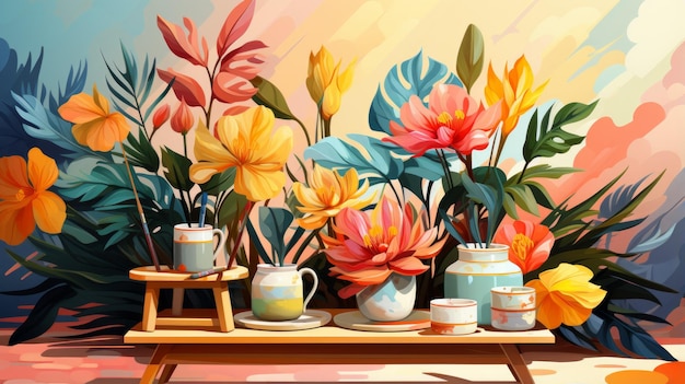 Foto pintura de flores em vasos com pincéis e um banquinho