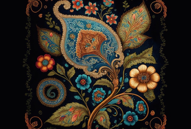 Pintura de flores indianas em um fundo de design paisley azul