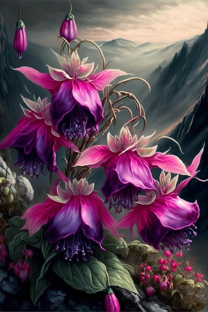 Pintura de flores roxas com montanhas ao fundo generative ai