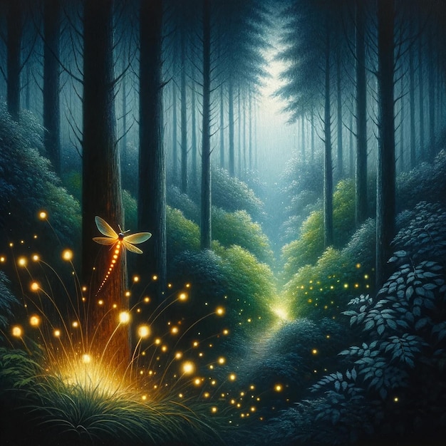 Pintura de floresta iluminada por vaga-lumes