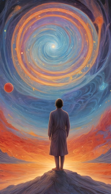 pintura de fundo de um homem contemplando uma espiral colorida em um céu colorido borrado