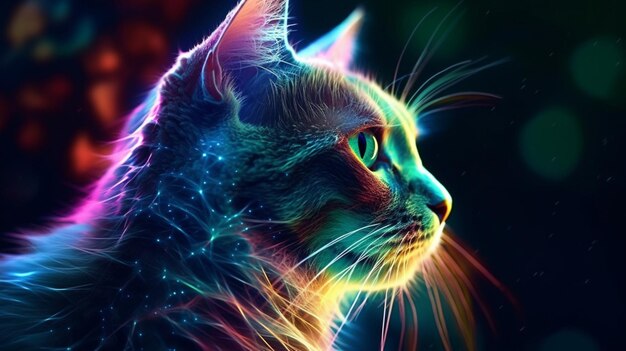 Pintura de gato colorido iluminado bela arte Ai gerada arte