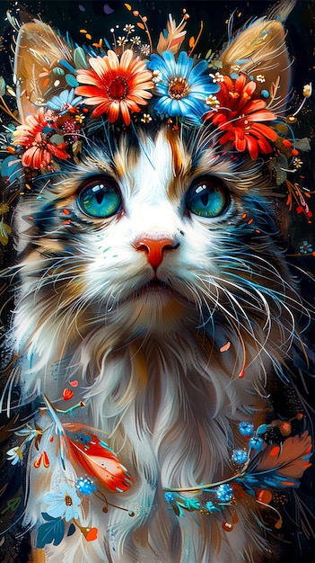 Foto pintura de gato com olhos azuis e coroa de flores na cabeça