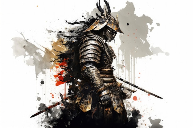 Pintura de guerreiro samurai com fundo branco de armadura Generative AI